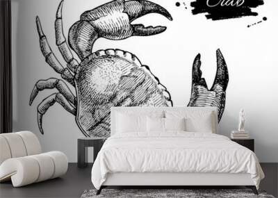 Vector vintage crab drawing. Hand drawn monochrome seafood illus Wall mural