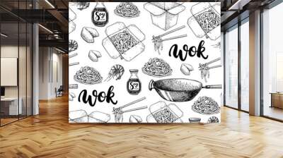 Wok vector hand drawn seamless pattern with lettering. Isolated chinese box, wok and chopsticks Wall mural