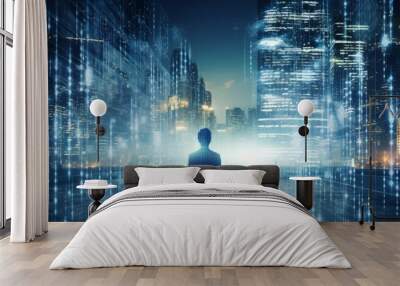 Businessman's Silhouette in the Futuristic Office: Dynamic World in Blue and Orange Wall mural