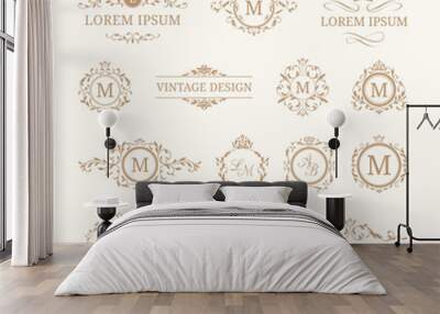 Set of elegant floral monograms and borders Wall mural