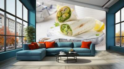 Grill roll of flatbread stuffed with avocado, cucumber, egg and white meat (chicken, squid, fish). Delicious lunch, snack, fast food, healthy food Wall mural