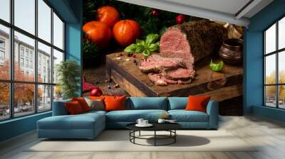 Juicy roast beef with spices sliced on cutting Board, delicious meat, traditional food. Christmas holidays, new year, menu on dark background Wall mural