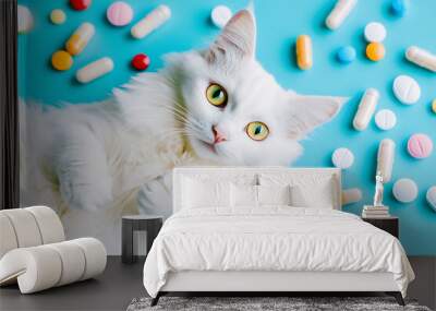 A cat with various colorful pills and capsules on a blue background Wall mural