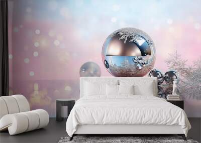 Mirrored ball reflecting holiday tree, shiny balls, garlands, gift boxes on a blurred background Wall mural