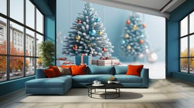 Product display with gift boxes and decorated christmas tree on a light background Wall mural