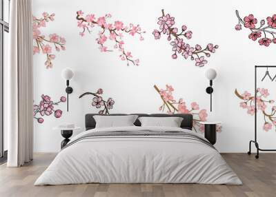 Set of branch of sakura with flowers and leaves on white background. Cherry blossom spring design. Vector illustration. Wall mural