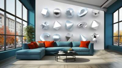 Set of 3d render realistic primitives on white background. Isolated graphic elements. Spheres, torus, tubes, cones and other geometric shapes in silver metallic colors for trendy designs. Wall mural