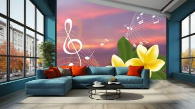 Summer music party template with realistic frangipani, notes and key. Vector illustration. Wall mural