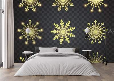 Vector snowflake set. 9 yellow snowflakes on black background Wall mural