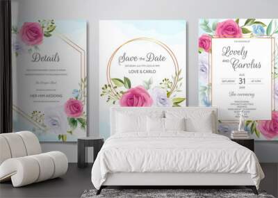 Beautiful and elegant wedding invitation card template set with floral frame Wall mural