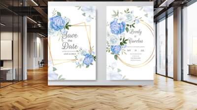 Beautiful Floral Wedding Invitation with Blooming Roses and Green Leaves Wall mural