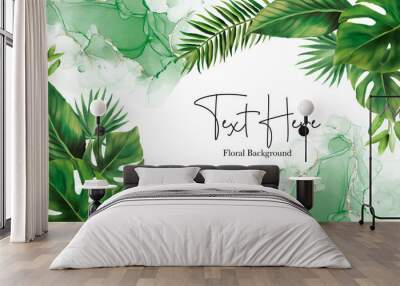 Hand drawn green leaves background design Wall mural