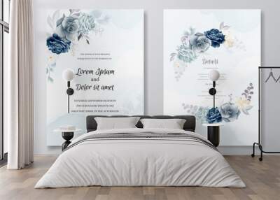 Navy blue floral wedding invitation card template with golden leaves and watercolor frame Wall mural