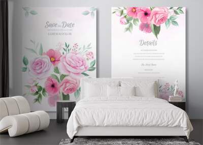 Romantic wedding invitation card template set with rose, cosmos flowers, and leaves Wall mural