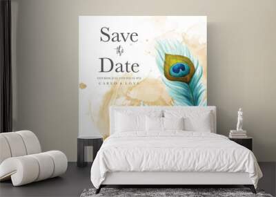 wedding invitation card with beautiful floral and peacock feather Wall mural