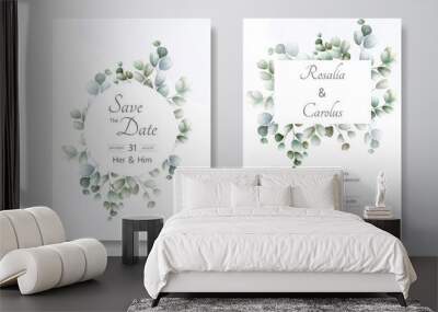 wedding invitation card with Eucalyptus leaves template Wall mural