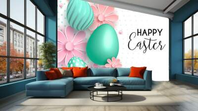 Happy Easter egg with flowers. Happy easter template with gold eggs, frame, pink flower. Vector illustration. Design layout for invitation, card, menu, flyer, banner Wall mural