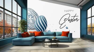 Happy easter template with blue, white rustic floral eggs, dotted background. Vector illustration. Design layout for invitation, card, menu, flyer, banner, poster, voucher. Elegant design Wall mural