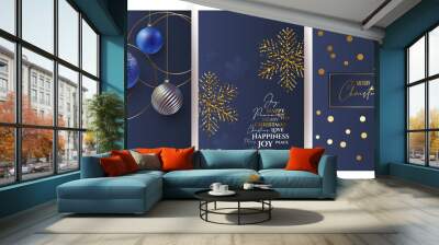 set of Luxury Elegant Merry Christmas and happy new year Poster Template cards, Gold Snowflakes and balls on blue background. Vector illustration. Snowflake frame and sparkles. Gold christmas balls. Wall mural