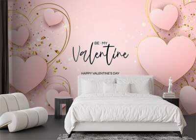 Valentine's day sale vector banner. Be my valentine banner with 3d heart, gift box, gold confetti, podium on pink background. Vector illustration. 3D realistiс design template with podium and gift Wall mural