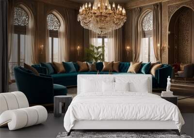  a photorealistic mockup of an Arabic-style living room that highlights luxurious fabrics, such as silk and velvet, with a grand chandelier overhead, intricate carvings on furniture, and a cozy  Wall mural