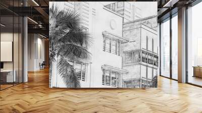 Art Deco building in the Art Deco District in South Beach, Miami, hand drawn style pencil sketch Wall mural