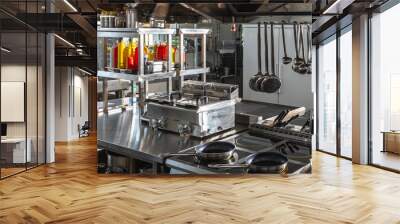 Modern Restaurant Kitchen with Professional Equipment. Concept of highend culinary space Wall mural