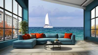 sailing white yacht and blue water ocean Wall mural