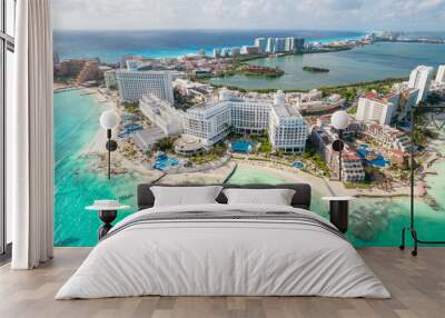 View of beautiful Hotels in the hotel zone of Cancun. Riviera Maya region in Quintana roo on Yucatan Peninsula. Aerial panoramic view of allinclusive resort Wall mural