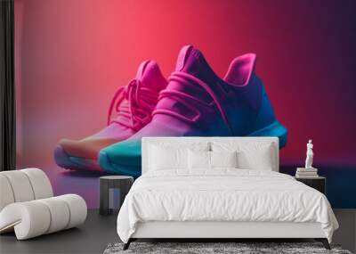 Neon-colored sneakers shoe design isolated on a gradient background Wall mural