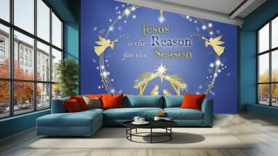  Jesus is a reason for the season -gold christmas wreath on violet background with Jesus birth scene .Jesus Birthday Christmas -greeting  card with festive gold wreath. Wall mural