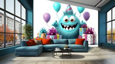 Cheerful monster with colored balloons and gifts. Happy birthday greeting card Wall mural