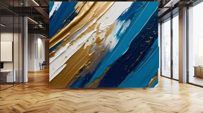 Closeup of abstract rough blue white gold art painting texture, with oil brushstroke, pallet knife paint on canvas background banner panorama long

 Wall mural