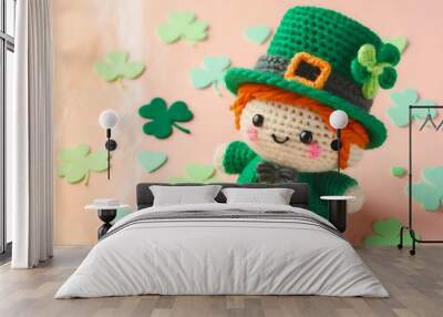 Crocheted leprechaun St. Patrick's on pastel background Wall mural