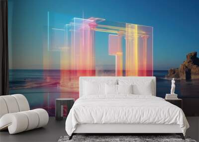 Digital pillars superimposed on a serene beach at sunset, Generated AI. Wall mural