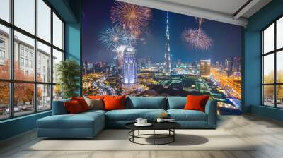 Fireworks display at town square of Dubai downtown Wall mural