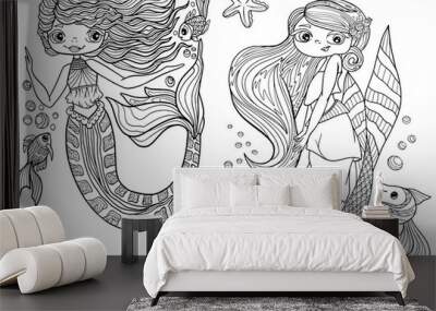 two little mermaids girls coloring book for kids anti stress ocean fish stylized cartoon isolated on white background sketch outline vector illustration page poster print sea doodle
 Wall mural