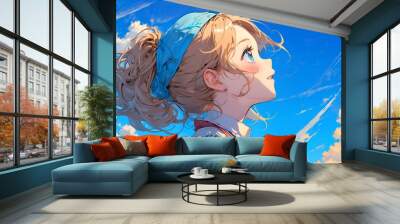 Profile of a girl looking up at the blue sky Wall mural