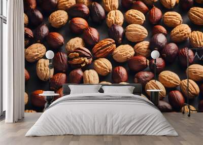 Lots of nuts, two varieties on a dark background. Healthy food concept. Wall mural