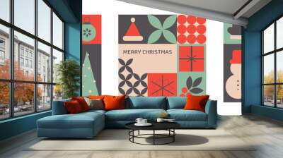 Set of geometric banners featuring Christmas and mosaic elements, designed for greeting cards celebrating New Year and Christmas with a modern and festive touch. Wall mural