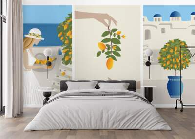 Vector Set Summer vacation theme and inspiration. Beautiful girl collects lemons from the tree into a basket.  Abstract place, village  in Santorini, Spain, Greece and Italy.  Wall mural