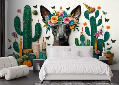 Xoloitzcuintli dog wearing flower garland, surrounded by cacti and candles, symbolizing the Mexican celebration of Dia de los Muertos and the cultural significance of this ancient breed. Banner Wall mural