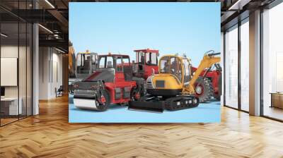 Concept group of road machinery excavator road roller 3D rendering on blue background with shadow Wall mural