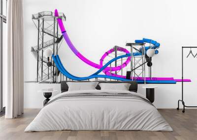 Modern two purple and dark blue water slides for the water park on the side 3d render on a white background with shadow Wall mural