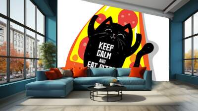 Funny cat sleeping in a pizza. Fat cat in cartoon style. Vector illustration. Keep calm eat pizza lettering Wall mural