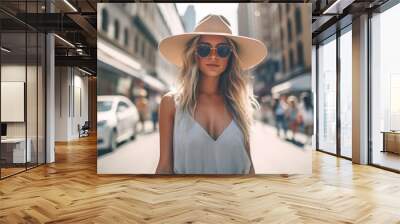 caucasian young woman fashion model in the street.Image Generative AI Wall mural