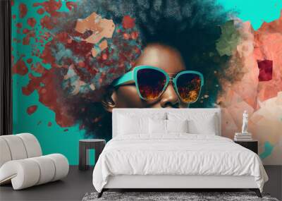 Image Generated AI. Mix colorful  portrait of a afroamerican woman with sunglasses Wall mural