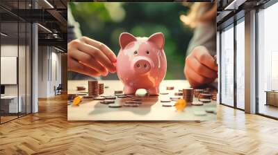 young couple saving money on piggybank Wall mural