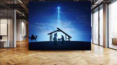 Christmas Nativity Scene with animals and wise men on starry sky Wall mural