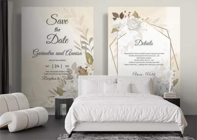  Elegant wedding invitation card template set with beautiful white floral and leaves Premium Vector Wall mural